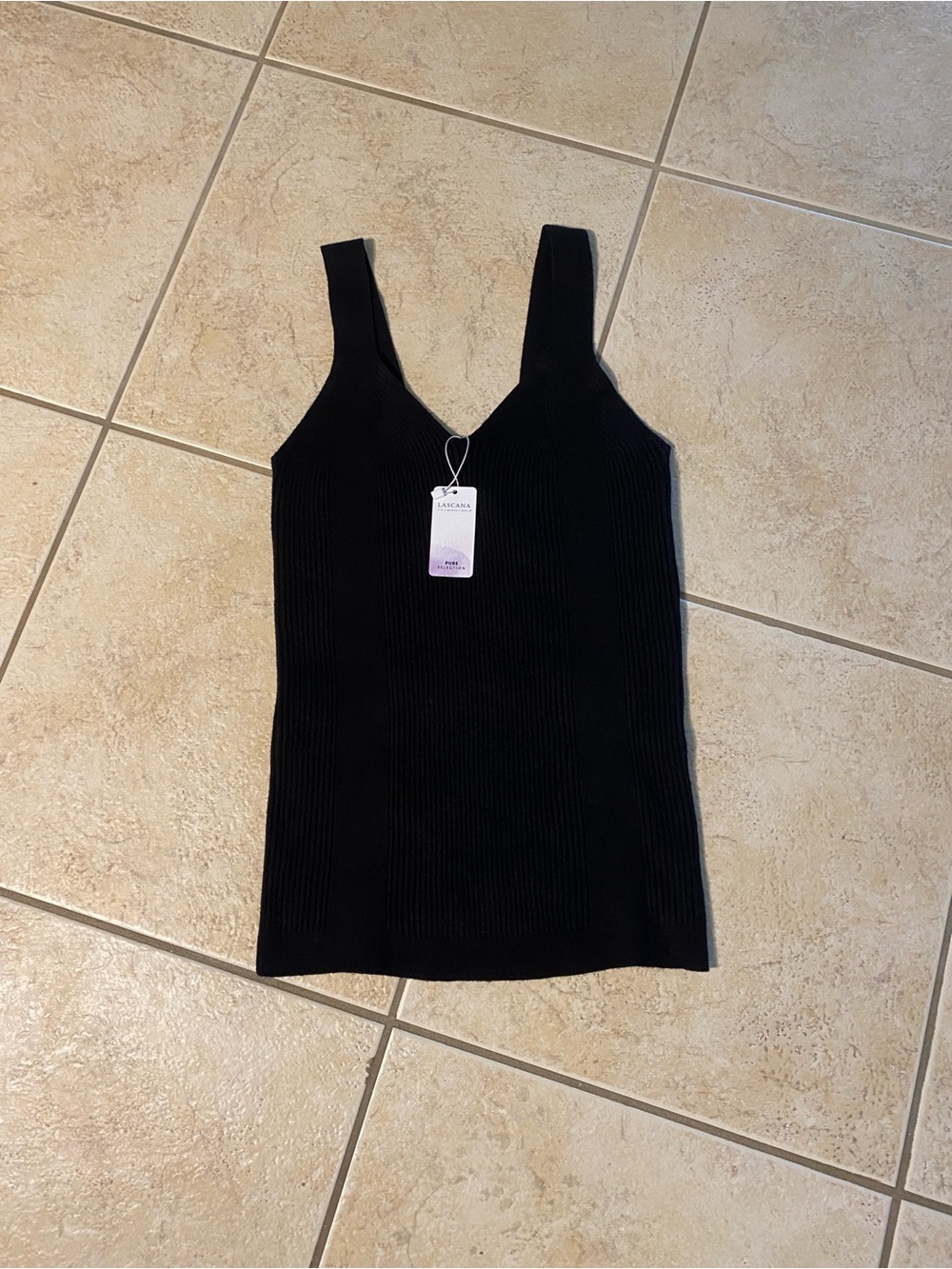 NWT Lascana knit Ribbed V-Neck Black classic Tank Top